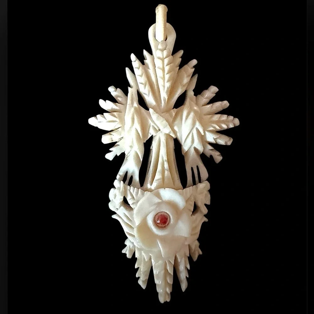 Museum Quality Victorian Antique Religious Relic Hand Carved Wheat Cross Pendant